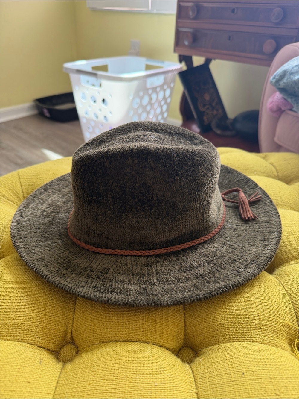 Textured Olive Felt Wide-Brim Hat with Braided Band